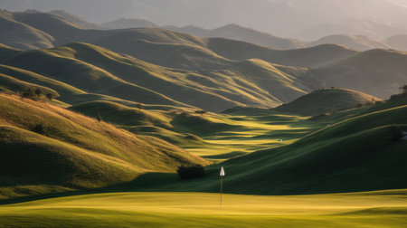 A picturesque golf course with gently rolling green hills bathed in warm sunset light, offering a peaceful and scenic outdoor experience.の素材
