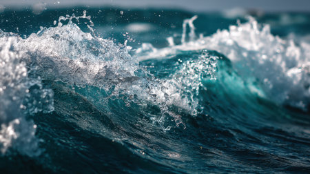 Experience the beauty of turquoise ocean waves crashing against the shore, capturing the dynamic splashes and sunlight reflections.の素材