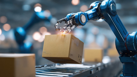 A cutting-edge robotic arm performs precise package handling in a modern warehouse setting, showcasing the future of automation and efficiency in logistics.の素材