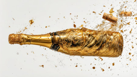 An artistic representation of a champagne bottle exploding with a cork, surrounded by sparkling gold confetti, perfect for celebration themes.の素材