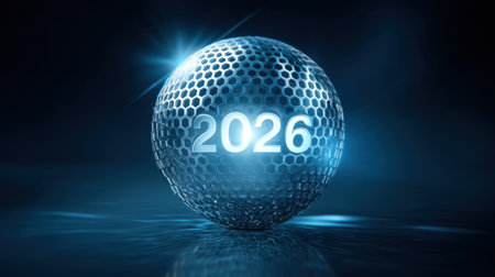 A striking silver sphere displaying the number 2026, set against a dark background. This design represents futuristic technology and innovation, making it perfect for themes related to the New Year or upcoming trends.の素材