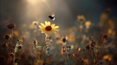 A vibrant bumblebee hovers near a bright yellow flower in a colorful field of wildflowers. Sunlight filters through, creating a serene atmosphere.の素材