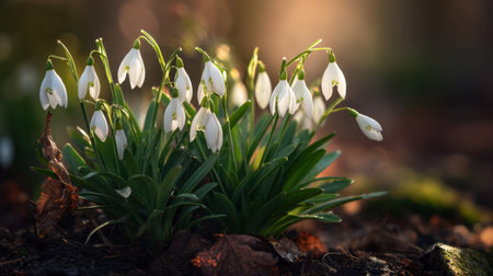 A stunning display of snowdrop flowers in full bloom, showcasing their white petals and lush green foliage against a softly blurred background.の素材