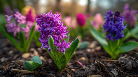 A stunning display of colorful hyacinth flowers blooming in a garden. Captivating shades of purple and pink create a vibrant spring atmosphere.の素材