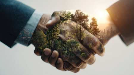A creative representation of business partnership, showcasing a handshake overlaid with a city skyline and trees, symbolizing unity, growth, and sustainability.の素材
