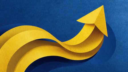 This vibrant graphic features a bright yellow arrow twisting elegantly against a rich blue background, symbolizing growth and success. Perfect for business and creative projects.の素材