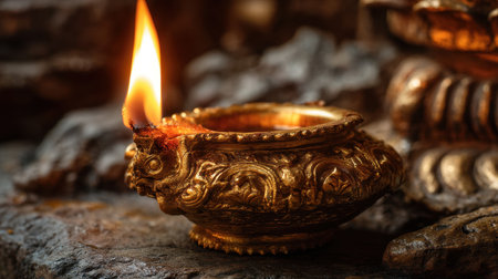 An exquisite traditional oil lamp with an intricately designed body, emitting a soft flicker of light against a rustic stone backdrop.の素材