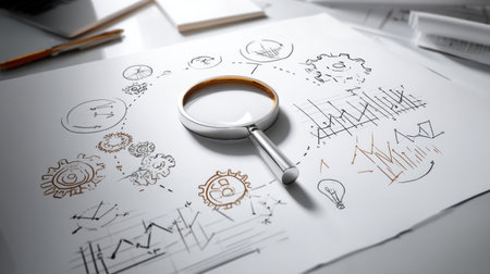A magnifying glass highlights detailed sketches and graphs on a cluttered workspace, symbolizing analysis and innovative business thinking.の素材