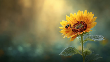 A stunning sunflower stands proudly in a tranquil setting, with a bee collecting pollen. This vibrant image captures the beauty of nature, showcasing the bright yellow petals against a soft, blurred background, ideal for conveying themes of growth and serenity.の素材