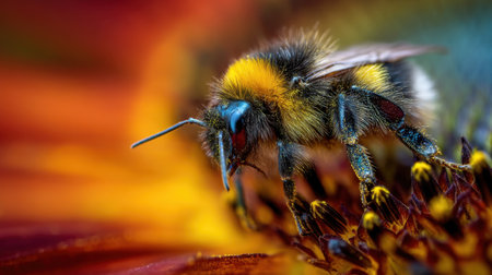A mesmerizing close-up of a bumblebee feeding on nectar from a colorful flower, highlighting the intricate details of naturebeauty and ecosystem.の素材