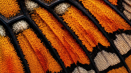 A detailed close-up of a butterfly wing showcases the vibrant orange and black patterns. This image captures the intricate texture and beauty of nature.の素材