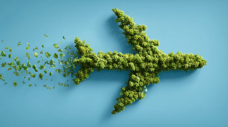 A striking visual of an airplane shape crafted from lush greenery and leaves, representing innovative ideas in sustainable travel and environmental awareness.の素材