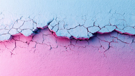 This image showcases a cracked surface with a vibrant blue and pink gradient, ideal for creative projects and abstract art. The striking texture and colors enhance visual appeal and invite artistic exploration.の素材