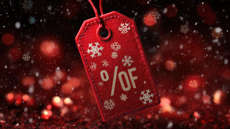 A vibrant red price tag featuring snowflakes and sparkles creates a festive atmosphere perfect for holiday promotions and discounts.の素材