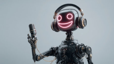 A cheerful robot with a glowing smile, equipped with headphones and a microphone, embodies a blend of technology and creativity in a modern setting.の素材