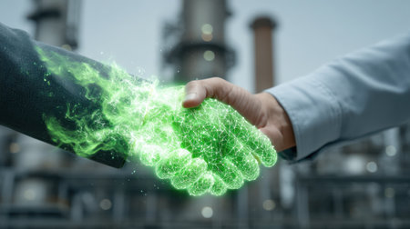 This image captures a digital handshake, symbolizing innovation and partnership in a modern business environment, highlighting collaboration and trust.の素材