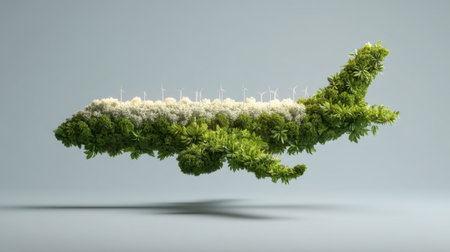 This artistic representation of an airplane crafted from vibrant green plants and flowers illustrates the merging of technology with nature, showcasing a vision of sustainable air travel and environmental harmony.の素材