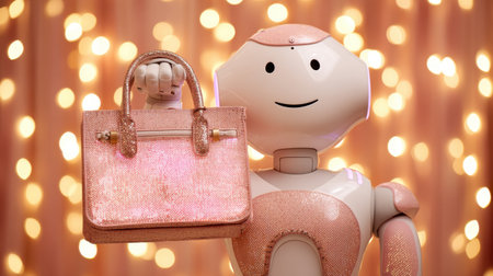 A cheerful robot showcases a shiny handbag in a vibrant setting full of sparkling lights, blending technology and fashion in a delightful display.の素材