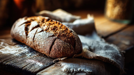 A beautifully baked artisan bread loaf resting on a weathered wooden table, illuminated by soft natural light, evoking warmth and comfort.の素材