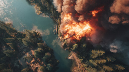 This dramatic aerial shot showcases a wildfire engulfing a forest area next to a serene river, illustrating nature's fierce beauty and danger.の素材