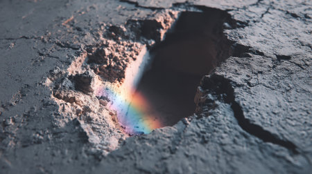 A captivating view of a deep crack in a concrete floor, where sunlight creates a vibrant rainbow reflection. The unique interplay of light and texture highlights the beauty of urban decay.の素材
