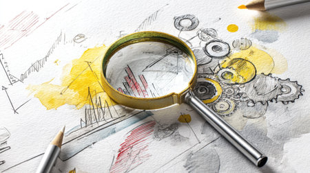 A vibrant artistic workspace featuring a magnifying glass placed on colorful sketches, pencils, and design elements, symbolizing creativity and innovation.の素材