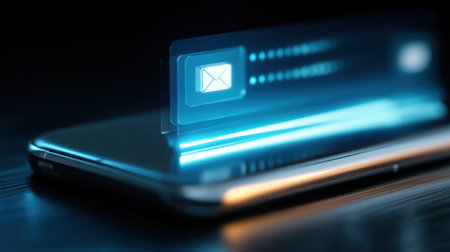This image showcases a futuristic smartphone with a glowing email notification hovering above its screen, emphasizing technology and communication themes.の素材