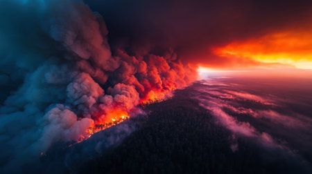 Captivating aerial view of a massive wildfire engulfing a forest, with vibrant flames and smoke creating a stunning yet alarming scene during sunset.の素材