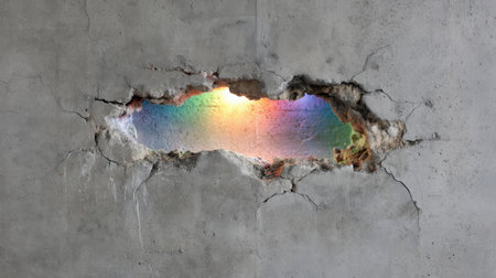 This striking image captures a cracked concrete wall showing a vibrant rainbow spectrum shining through the fissure, creating a captivating contrast.の素材