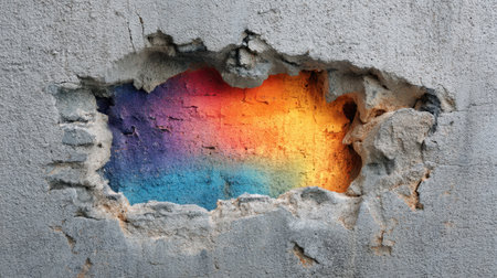 A striking image showcasing a vibrant rainbow of colors bursting through a cracked gray concrete wall, symbolizing creativity and hope in urban art.の素材