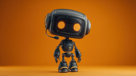 This charming robot character features a headset and glowing eyes, set against a vibrant orange background, ideal for technology themes.の素材