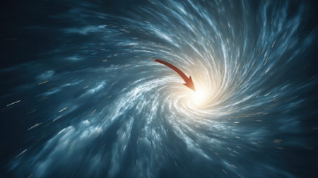 A mesmerizing cosmic vortex swirling around a bright center, featuring an arrow indicating direction. Ideal for projects related to space exploration and digital art.の素材