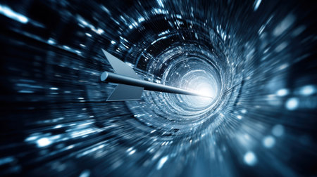 An arrow races through a digital vortex, symbolizing speed, innovation, and the essence of technological advancement in cyberspace.の素材
