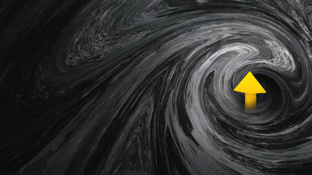 This abstract image features a dynamic swirl of black and gray tones, with a vibrant yellow arrow pointing upward, symbolizing direction and movement.の素材