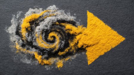 An artistic representation of a swirling cloud of colorful dust forming a bright arrow, creating a dynamic and eye-catching effect on a dark background.の素材
