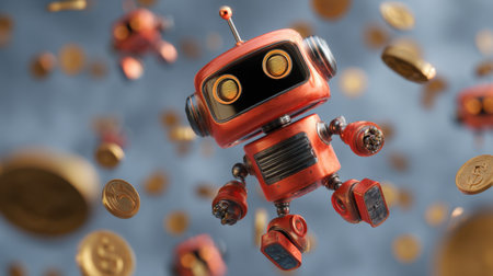 This colorful 3D illustration features a playful retro robot surrounded by floating coins against a blue background, evoking a sense of fun and whimsy.の素材