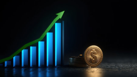 A compelling representation of financial growth with a rising graph trend and golden coins, highlighting investment opportunities and wealth building.の素材