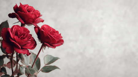 A stunning image featuring three vibrant red roses set against a soft textured background, perfect for romantic themes and floral decorations.の素材