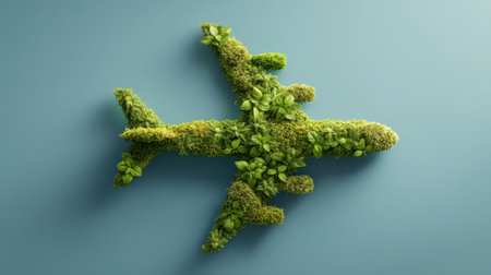 This unique image showcases an airplane creatively formed from lush green plants, symbolizing eco-friendly travel and sustainability in aviation.の素材