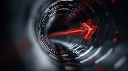 This striking abstract image showcases an illuminated arrow within a 3D tunnel, featuring glowing red elements and sleek metallic textures.の素材