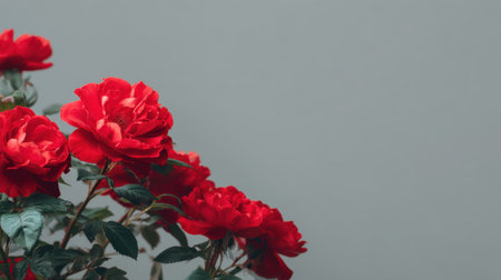 Explore the elegance of vibrant red roses with lush green leaves set against a soft gray backdrop, perfect for floral and nature-themed designs.の素材