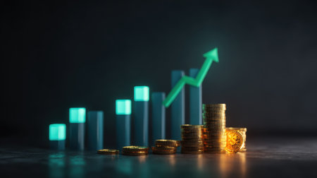An artistic representation of business growth featuring shiny coins stacked against a backdrop of an upward-trending graph. Perfect for finance themes.の素材