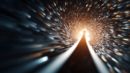 Explore a visually captivating light tunnel, featuring an arrow symbolizing progress and direction, ideal for representing technology and innovation.の素材