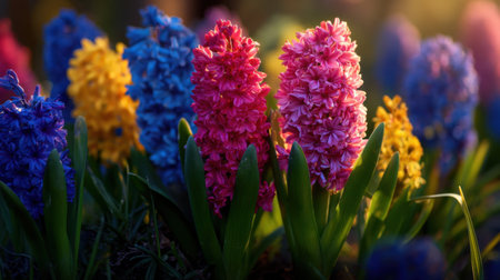 This stunning image captures vibrant hyacinth flowers in various colors, showcasing their intricate petals and lush green leaves, perfect for nature lovers.の素材