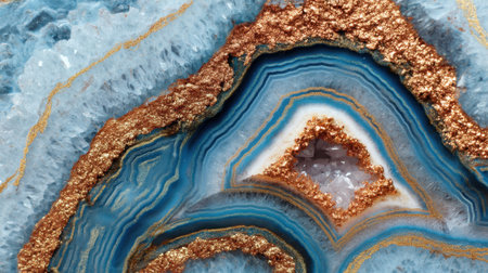 Explore the stunning close-up view of a blue agate stone featuring golden accents. The natural patterns create a beautiful transition between colors and textures.の素材
