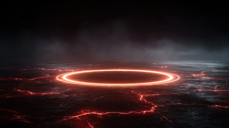 A mesmerizing scene featuring a glowing circular portal surrounded by glowing lava cracks, set against a dark and mysterious background.の素材