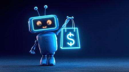 A charming robot character holds a glowing shopping bag featuring a dollar sign, representing a futuristic shopping experience and modern commerce.の素材