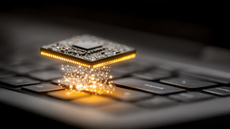 This captivating image showcases a microchip hovering above a keyboard, radiating magical sparks that symbolize the future of technology and innovation.の素材