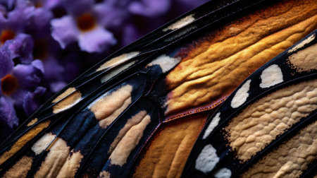 This stunning close-up features intricate butterfly wings showcasing vibrant colors and delicate textures, set against a soft floral background.の素材