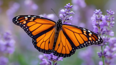A stunning close-up of a vibrant monarch butterfly perched on gorgeous purple flowers, showcasing nature's beauty and intricate details.の素材
